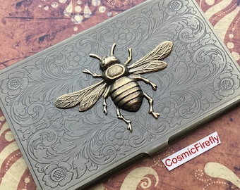 Antiqued Brass Bee Business Card Case Holder Vintage Inspired Victorian Steampunk Cosplay Prop
