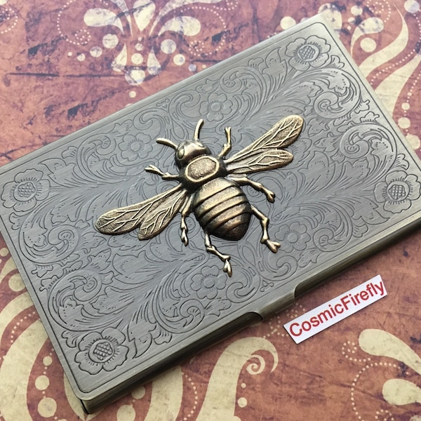 Antiqued Brass Bee Business Card Case Holder Vintage Inspired Victorian Steampunk Cosplay Prop