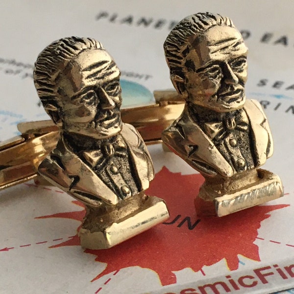 1950's Mid Century Vintage Cufflinks Figural Statue Bust Winston Churchill Head Father's Day Gifts For Men