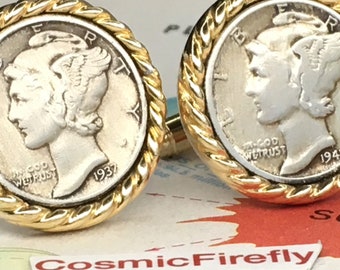Real Mercury Dime Vintage Coin Cufflinks Mid Century Liberty Dime Antique Coins 1937 & 1941 Steampunk Cosplay