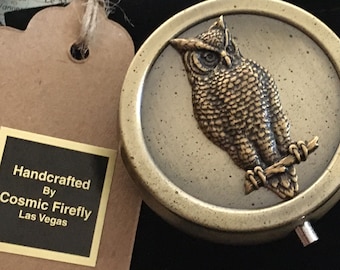 Small Lightweight Round Brass Horned Owl Pill Box Pill Case Size 2" Diameter Antiqued Vintage Style