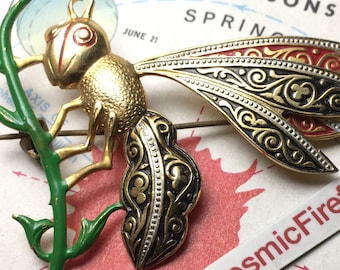 1950's Vintage Damascene Bee Wasp Insect Pin Brooch Antique Costume Jewelry Firefly Bug Made in Spain