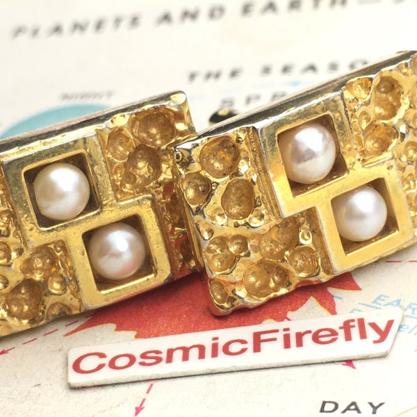 1950's Vintage Gold Tone Chunky Cufflinks Costume Jewelry Faux Pearl MCM Modernist Atomic Jet Age Big Rectangular Moon Rock Texture