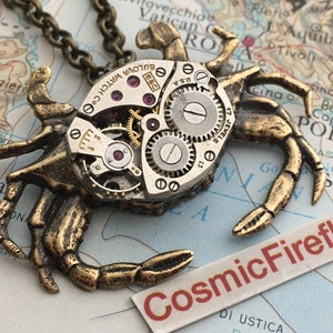 Steampunk Necklace Sand Crab Necklace Upcycled Vintage Bulova Watch Movement Brass Crab Nautical Sealife Design By Cosmic Firefly Las Vegas