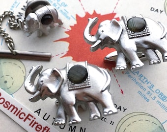Vintage Jade Elephant Cufflinks & Tie Tack GOOD LUCK Trunk Up Swank