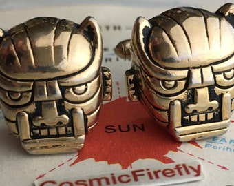 1950's Vintage Aztec Mask Cufflinks MCM Modernist Atomic Space Age Robot Face Art Deco Wedding SWANK USA