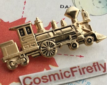 Tiny Vintage Train Tie Tack Brass Steam Train Lapel Pin Wild West Steampunk Brooch