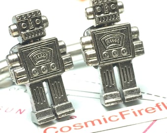 ROBOT CUFFLINKS Silver Plated Steampunk Wedding Cufflinks Gift Box