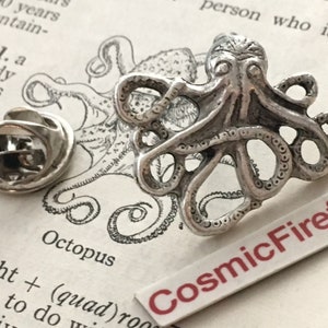 Small Octopus Tie Tack Lapel Pin Rustic Silver Plated Gothic Victorian Nautical Steampunk From Cosmic Firefly FREE Gift Box