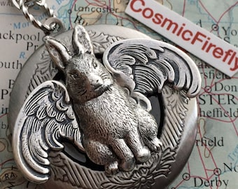 Flying Rabbit Locket Necklace Winged Bunny Steampunk Whimsical Creatures Art Jewelry Cosmic Firefly