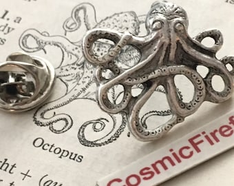 Small Octopus Tie Tack Lapel Pin Rustic Silver Plated Gothic Victorian Nautical Steampunk From Cosmic Firefly FREE Gift Box