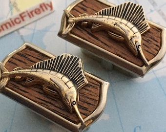 Vintage Marlin Swordfish Cufflinks Figural Fish Wood Mounted Trophy Mid Century Nautical