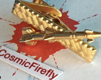 1950's Vintage Space Rocket Ship Tie Bar Clip Atomic Jet Age Missile Gold Tone