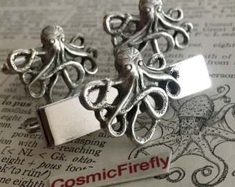 Octopus Cufflinks & Octopus Tie Bar Set Of 3 Silver Plated Men's Cufflinks Nautical Steampunk Style Gothic Victorian By Cosmic Firefly