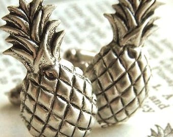 Handcrafted Pineapple Cufflinks Gothic Victorian Art Deco Tiki Cuff Links Vintage Inspired Antiqued Silver Plated Metal FREE Gift Box