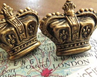 Royal Crown Cufflinks Antiqued Brass Vintage Inspired Style Gothic Victorian Steampunk King The Queen Handcrafted Metal