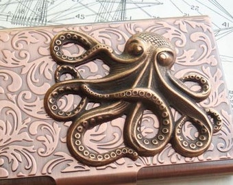 Copper Octopus Business Card Case Holder Gothic Victorian Steampunk New Handcrafted Nautical