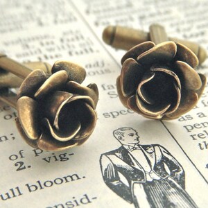 Brass Rose Cufflinks Gothic Victorian Steampunk Antiqued Brass Metal Flowers Classy Small Size Vintage Inspired Men's Accessories Tiny Rose