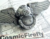 Steampunk Pin Nautical Diving Helmet Cosplay Pilot Wings Metal Badge Ocean Diver Helmet Deep Sea Diver Pin Rustic Antiqued Finish