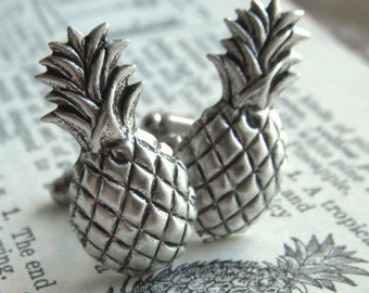 Pineapple Cufflinks Gothic Victorian Art Deco Tiki Cuff Links Vintage Inspired Antiqued Silver Plated Metal FREE Gift Box