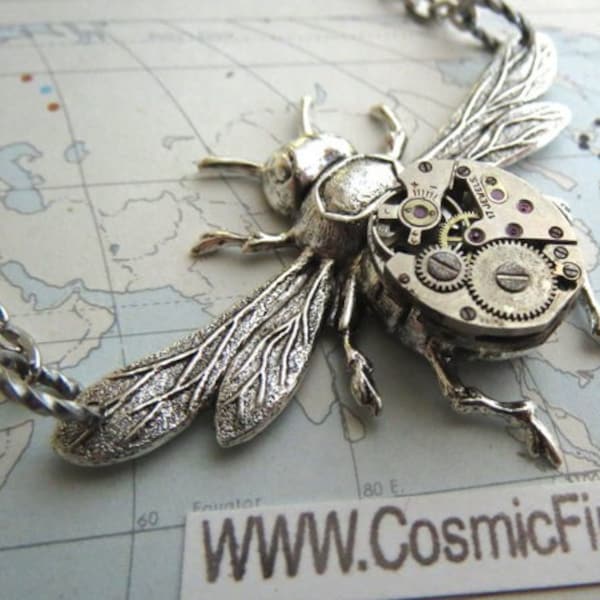 Steampunk Necklace Antiqued Silver Plated Bee Necklace Tiny Vintage Watch Movement Primitive Gothic Victorian Watch Parts Jewelry