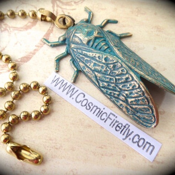 Green Cicada Ceiling Fan Pull Chain Antiqued Brass Metal Insect Bug Entomology Cosmic Firefly Steampunk Made USA