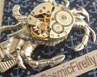 Men's Steampunk Tie Bar Clip Silver Plated Crab Upcycled Vintage Watch Movement Nautical Cruise Vacation Beach Tiki Party