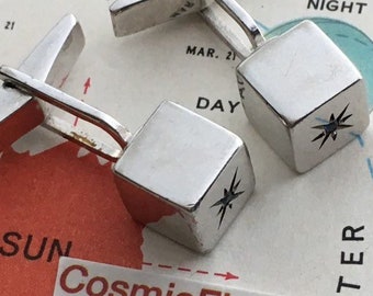 1950's Silver Cube Cufflinks Atomic Jet Age Abstract Square Box Modernist Cubist Art