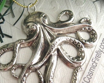 Octopus Christmas Ornament Antiqued Silver Plated Metal