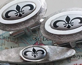 1950's Vintage Fleur De Lis Cufflinks + Tie Bar Clip French Wedding MCM Shields Brand