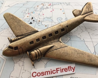 Brass Airplane Pin Brooch New Vintage Style Steampunk Cosplay Accessories Made in USA Stamped Metal