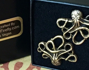 Handcrafted Octopus Cufflinks Antiqued Gold Brass Nautical Steampunk Cosmic Firefly
