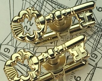 1950's MCM Vintage Antique Gold Key Cufflinks Steampunk Skeleton Key Realty Housewarming Gift Golden Key Good Luck New House