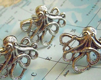 Octopus Cufflinks & Tie Tack Set of 3 Silver Plated Men's Accessories Nautical Steampunk Gifts Men Handcrafted By Cosmic Firefly Las Vegas