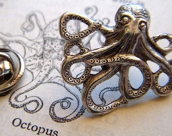 Tiny Octopus Tie Tack Lapel Pin Silver Plated Gothic Victorian Nautical Steampunk From Cosmic Firefly