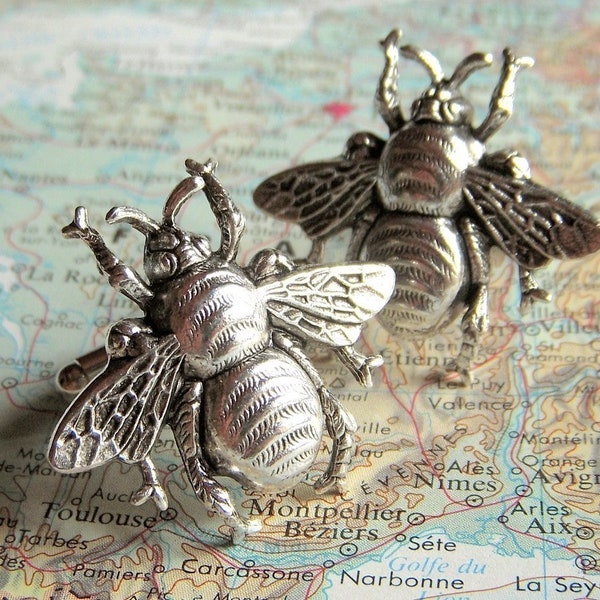 Large Bee Cufflinks Antiqued Silver Bees BIG & BOLD Vintage Style Gothic Victorian Bees Men's Cufflinks Men's Accessories Men's Gifts New