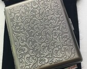 Large Size Metal Cigarette Case Extra Big Antiqued Silver Tone Metal Wallet Gothic Victorian Steampunk Card Wallet Pewter Gray Color