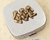 No Evil Monkeys Pill Case Steampunk Pill Case Mirror Case Silver Plated Metal Pill Case Gothic Victorian Steampunk Accessories Speak No Evil