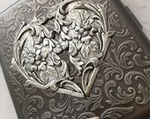 Large Size Antiqued Silver Cigarette Case Extra Big Metal Wallet Gothic Victorian Heart Steampunk Case Antiqued Silver Heart Case