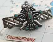 Novelty Kachina Doll Antique Silver Plated Vintage Tie Bar Clip Turquoise Color Accents Costume Jewelry