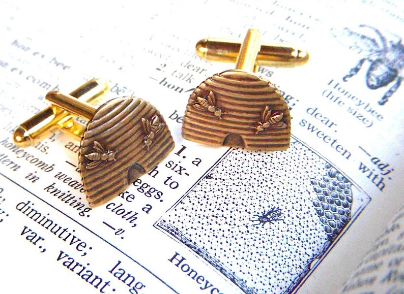 Antiqued Brass Honey Bee Hive Beehive Cufflinks Cosmic Firefly Handcrafted Steampunk Style image 3