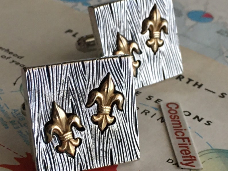 Mid Century Modern Vintage Fleur De Lis Cufflinks /& Foi Bois Wood Grain Tie Bar 1950/'s Modernist Wedding
