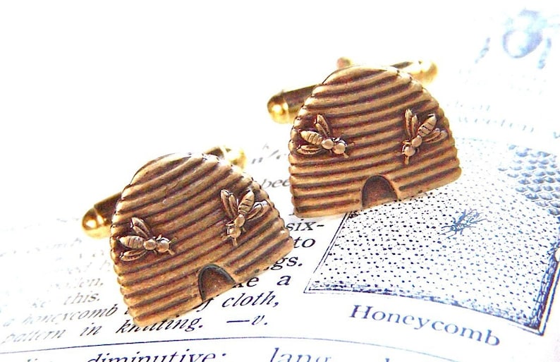 Antiqued Brass Honey Bee Hive Beehive Cufflinks Cosmic Firefly Handcrafted Steampunk Style image 4