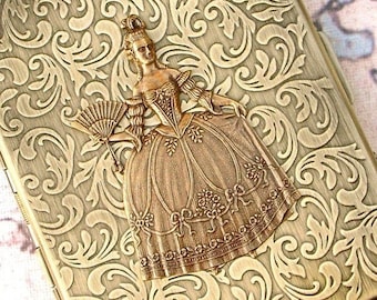 Woman's Cigarette Case Gothic Victorian Steampunk Marie Antoinette Antiqued Brass Tone Oversized Card Case Holds Size 100's Cigs