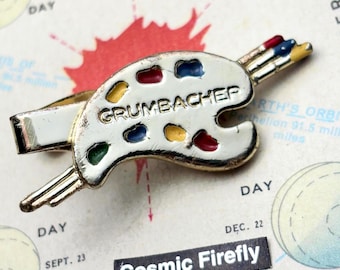 Used Vintage GRUMBACHER Artist Tie Bar Clip Art Advertising Color Paint Palette Paint Brushes