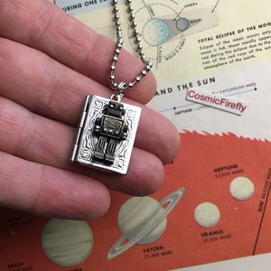 Small Robot Locket Necklace Boy's Steampunk Tiny Book Locket Robot Necklace image 2