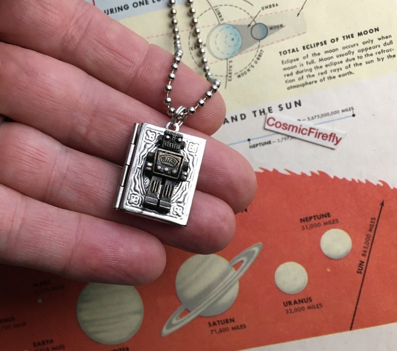 Small Robot Locket Necklace Boy's Steampunk Tiny Book Locket Robot Necklace image 2