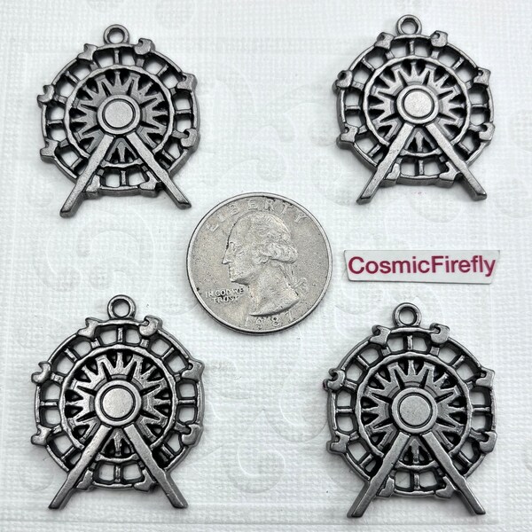 Miniature Ferris Wheel Metal Charms Pewter Gray Flat Back Destash Jewelry Supplies 4 Pieces Amusement Park Summer Jewelry