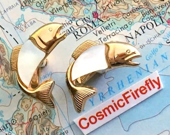 Men's Vintage Antique Gold Fish Cufflinks Made In USA 1950's SWANK Mother Of Pearl Fishing Fisherman