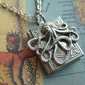 Small Book Octopus Locket Necklace Jewelry Girl's Boy's Steampunk Cosplay Silvertone Metal